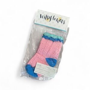 Wildflowers Kids Pink Blue‎ Ruffle Lace Trim Cotton Blend Socks X-Small